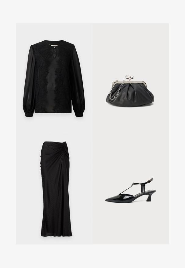 Čierna blúzka s dlhými priesvitnými rukávmi; má zložitú čipkovanú dekoráciu pozdĺž prednej časti a malý otvor v tvare kľúčovej dierky na krku.; Čierna midi sukňa z hladkej tkaniny s drapovaným dizajnom, textúrovanými bodkami a zberaným detailom v páse.; Čierna lodička z lakovanej kože s špicatou špičkou, T-remienkom a nízkym šikmým blokovým podpätkom na bielom pozadí.; Čierna kožená kabelka s vrúbkovou textúrou, strieborným kovovým rámom, uzáverom na pobozkanie a retiazkou na nosenie. Hladký, jemný povrch.