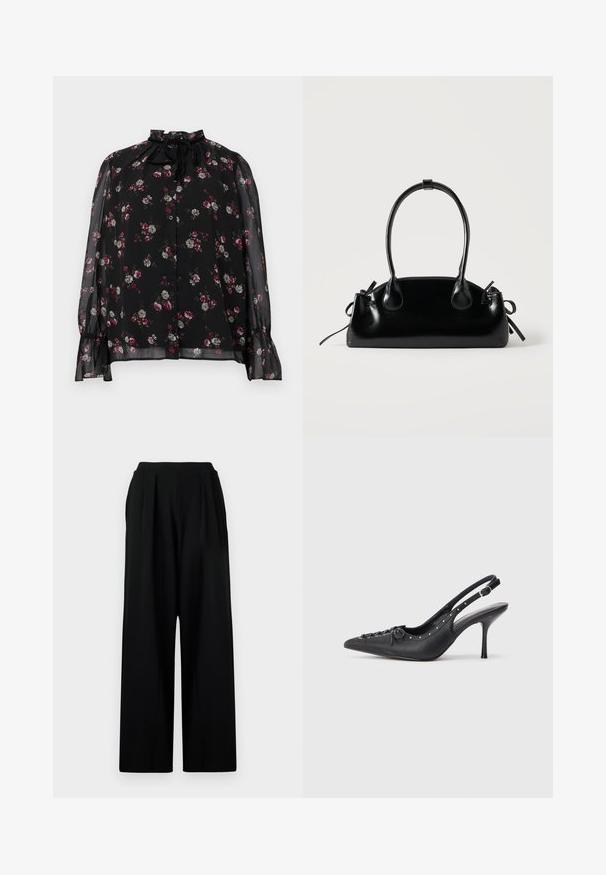 Zwarte doorzichtige blouse met lange mouwen, gerimpelde manchetten, knoopsluiting aan de voorkant, bloemendessin in roze en wit, en een gestrikt gerimpeld hoge hals.; Zwarte wijde broek met hoge taille, voorzien van voorplooien en een gladde, gestructureerde stof. Geen zichtbare zakken of versieringen.; Zwarte leren slingback stiletto met spitse neus, zijgesp met gesp, studs langs de rand en decoratieve veters aan de voorkant.; Kleine zwarte glanzende handtas met twee lange hengsels en zijkant trekkoord details op een effen lichte achtergrond.