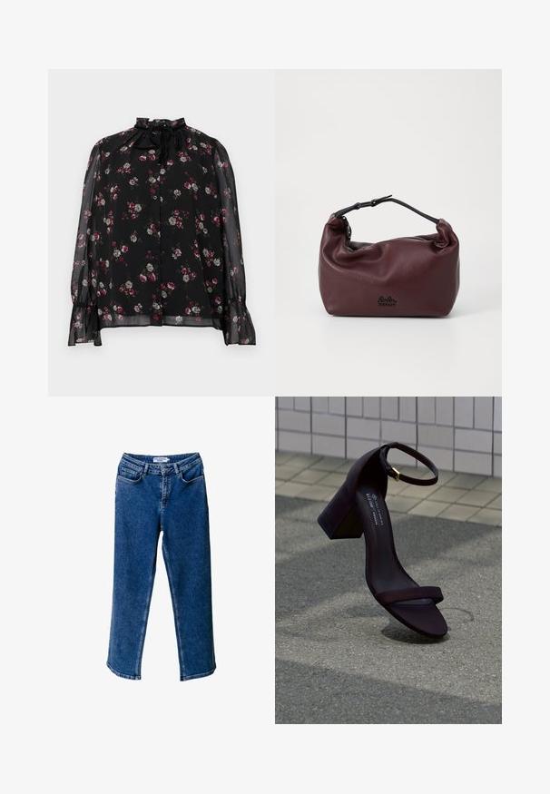 Blusa negra transparente con mangas largas, puños con volantes, cierre de botones, patrón floral en rosa y blanco, y un cuello alto con volantes atado.; Pantalones vaqueros de mezclilla de pierna ancha en azul, con cintura alta, que cuentan con bolsillos frontales, costuras en contraste y un ajuste relajado.; Sandalia de tacón en burdeos oscuro, con tacón ancho, dos tiras delgadas y una correa en el tobillo con hebilla. Textura lisa, diseño minimalista.; Bolso de cuero burdeos con una textura suave y arrugada, una correa negra ajustable y un cierre de cremallera. Presenta un logo sutil en la parte inferior.