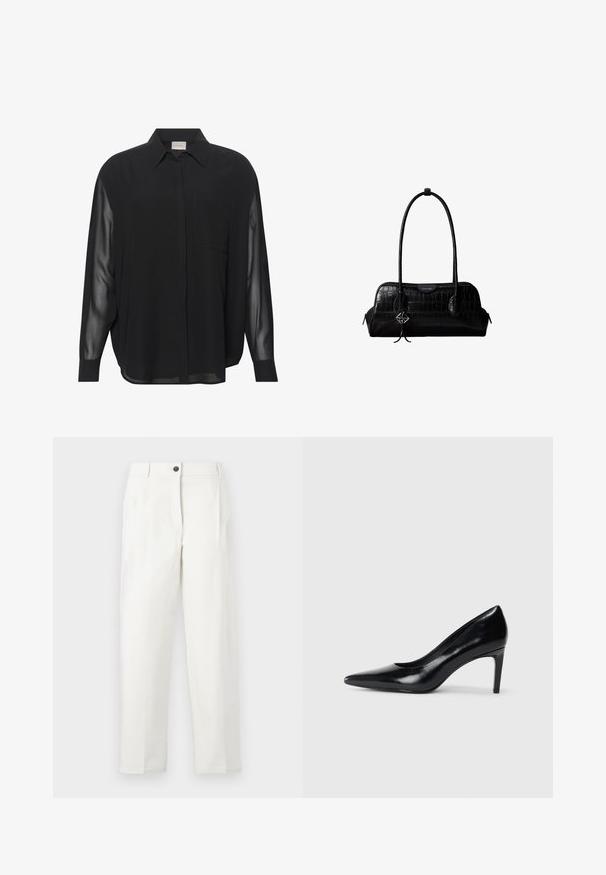 Chemise noire boutonnée en tissu lisse avec des manches longues transparentes, une seule poche poitrine et un col classique.; Pantalon blanc taille haute à coupe ajustée, avec plis, fermeture avant par boutons, et jambes droites. Confectionné en tissu lisse.; Chaussure à talon haut en cuir noir avec un bout pointu, texture lisse et un talon effilé. Design minimaliste, sans embellissements supplémentaires.; Sac à épaule en cuir noir à texture crocodile, avec de longues sangles et un petit charm logo argenté sur une sangle.