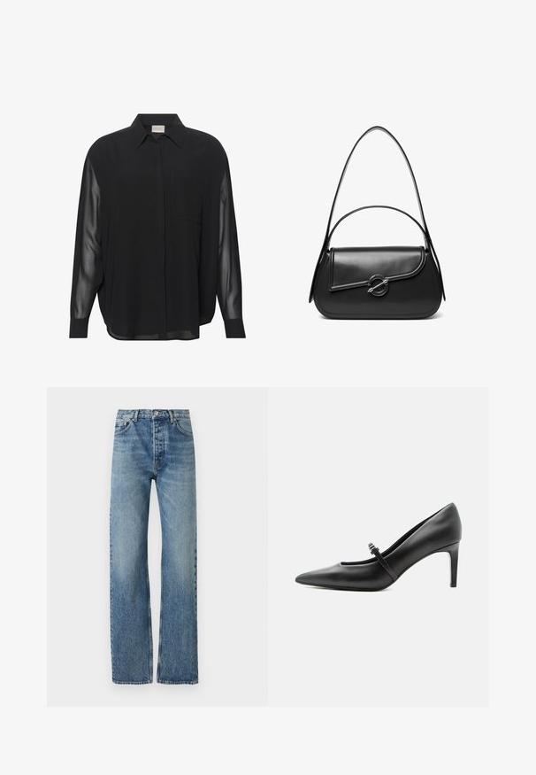 Sort skjorte med knapper, lavet af glat stof med transparente, lange ærmer, en enkelt brystlomme og en klassisk krave.; Lyseblå, høj talje jeans med lige ben, lavet af denimstof. Har klassisk fem-lomme design og sølv hardware.; Sort læderspids højhælede sko med tynd rem og spænde over vristen, stående på en neutral lys baggrund.; Sort skuldertaske i læder med en buet klap, der er fastgjort med en rund metal spænde, og en slank, justerbar rem.