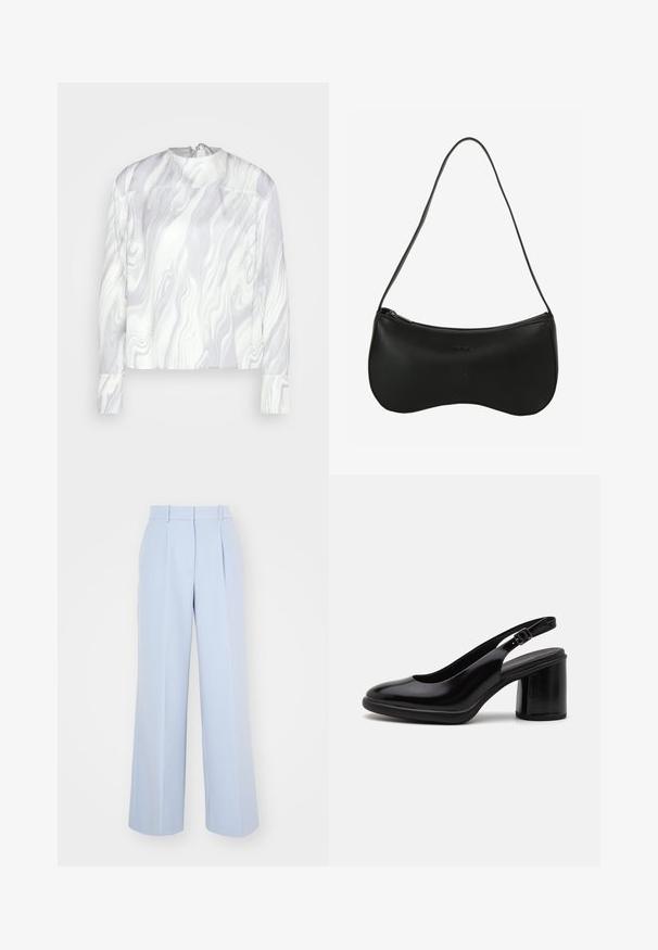 Calvin Klein Pluus - lilac dusk; Heledad sinine laia säärega püksid kõrge vöökohtaga, millel on ees voldid, valmistatud siledast kudumist. Nähtavat riistvara ei ole.; Mustmust musta nahkkingad avatud kandega, ümarate varvaste ja plokk-kandaga. Omab steppmisega rihma, mis tagab kindla istumise.; Mustast nahast õlakott kõverate vormidega, tõmblukuga ja õhukese reguleeritava rihmaga; sile pind ja peen embosseeritud logoga detail.