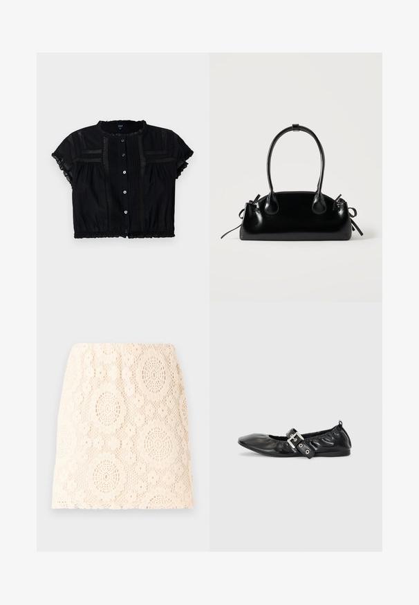 Sort cropped bluse med korte ærmer, der har blonder detaljer, knapfront og plisseringer på kroppen og ærmerne.; Blonde nederdel i creme med blomstermønster. Har komplekse ovale udsnit og en tætsiddende silhuet. Den teksturerede stof tilføjer et delikat udseende.; Sorte læder flade sko med spids tå, samling detaljer omkring åbningen, og en sølv spænde accent på den justerbare rem.; Lille sort blank håndtaske med to lange håndtag og snøre-detaljer i siden på en ensfarvet lys baggrund.