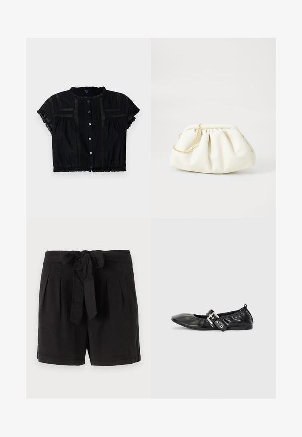 Blusa negra cortada con mangas cortas, con adornos de encaje, botones en la parte delantera y detalles plegados en el cuerpo y las mangas.; Pantalones cortos de algodón negros con un cinturón de lazo en la cintura, pliegues en la parte delantera y bolsillos laterales. Textura suave y diseño casual.; Zapato plano de piel negra con puntera afilada, detalle fruncido alrededor de la abertura y un acento de hebilla plateada en la correa ajustable.; Bolso de mano de cuero blanco con un diseño recogido, cuenta con una cadena dorada y forma redondeada. Textura suave con pliegues suaves y sin patrones.