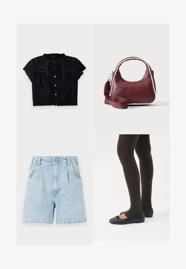 Schwarze, kurz geschnittene Bluse mit kurzen Ärmeln, die mit Spitze verziert ist, einen Knopfverschluss hat und gefaltete Details am Oberteil und den Ärmeln aufweist.; Helle blaue Jeansshorts mit hoher Taille, ausgestattet mit vorderen Falten, zwei seitlichen Taschen und einem Knopfverschluss. Weich, strukturiertes Material.; Beine in dunklen, gerippten Leggings kombiniert mit schwarzen Ballerinas mit kleinen Schleifendetails auf weißem Hintergrund.; Dunkelrote gewebte Ledertasche mit gebogenem Griff, weißem Besatz, silbernem Reißverschluss und abnehmbarem breitem Stoff-Schulterriemen vor einfarbigem Hintergrund.