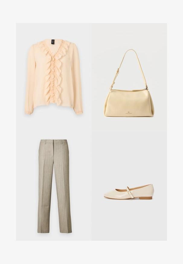 Blouse beige à manches longues avec encolure en V à volants sur le devant, poignets élastiques et tissu léger.; Pantalon beige à fines rayures avec une coupe droite, doté d'une ceinture structurée et d'une texture subtile sur l'ensemble du tissu.; Ballerines en cuir verni beige avec un embout carré, un petit talon et une bride ajustable à la cheville avec une boucle dorée.; Sac bandoulière rectangulaire beige avec sangle réglable et fermeture éclair, comportant un petit logo "Anna Field" au centre avant.
