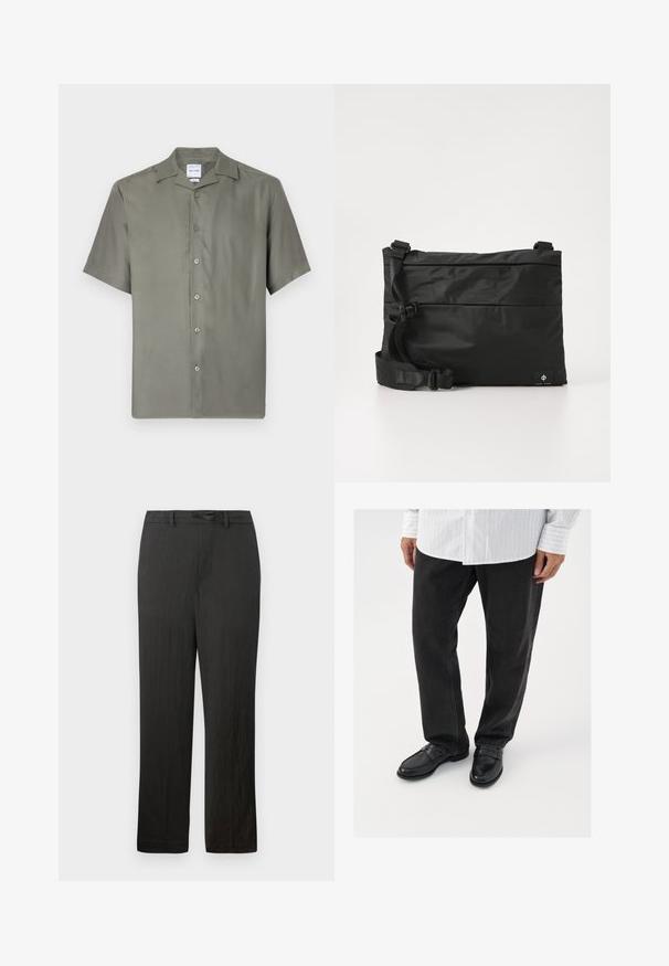 Chemise à manches courtes en tissu olive vert atténué. Dotée d'un col classique, de sept boutons sur le devant et d'une coupe décontractée. Texture lisse.; Pantalons noirs à jambes droites avec une texture lisse, dotés d'une taille à cordon de serrage et d'un tissu léger et discret.; Pantalons en denim noir associés à des mocassins noirs brillants. La chemise est blanche avec de fines rayures verticales, avec des manches longues et un col boutonné.; Sac messager en nylon noir avec une sangle réglable, un design plat et une étiquette latérale arborant un logo. Texture lisse et style minimaliste.