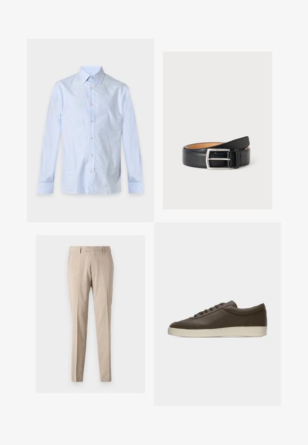 Hellblaues Hemd mit langen Ärmeln, Knopfleiste, spitzem Kragen und weißen Knöpfen, dargestellt auf einem einfarbigen Hintergrund.; Beige, taillierte Hose aus leichtem Stoff, mit vorderen Falten, zwei seitlichen Taschen und einer glatten Textur.; Dunkelbrauner Sneaker aus Leder mit niedrigem Schaft, Schnürung an der Vorderseite und kremfarbenem Gummisohlenrand, von der Außenseite auf weißem Hintergrund gezeigt.; Schwarzer, strukturierter Ledergürtel mit silberner rechteckiger Schnalle, zusammengerollt und auf hellem grauem Hintergrund platziert.