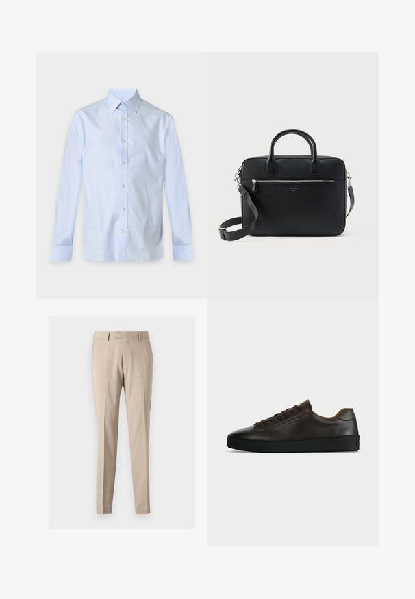 Hellblaues Hemd mit langen Ärmeln, Knopfleiste, spitzem Kragen und weißen Knöpfen, dargestellt auf einem einfarbigen Hintergrund.; Beige, taillierte Hose aus leichtem Stoff, mit vorderen Falten, zwei seitlichen Taschen und einer glatten Textur.; Flach geschnittener dunkelbrauner Ledersneaker mit schwarzer Gummisohle, Schnürung vorne und schlicht-minimalistischem Design auf hellem Hintergrund.; Schwarze strukturierte rechteckige Lederaktentasche mit Doppelgriffen, vorderer Reißverschlusstasche und verstellbarem Schultergurt, auf weißem Hintergrund dargestellt.
