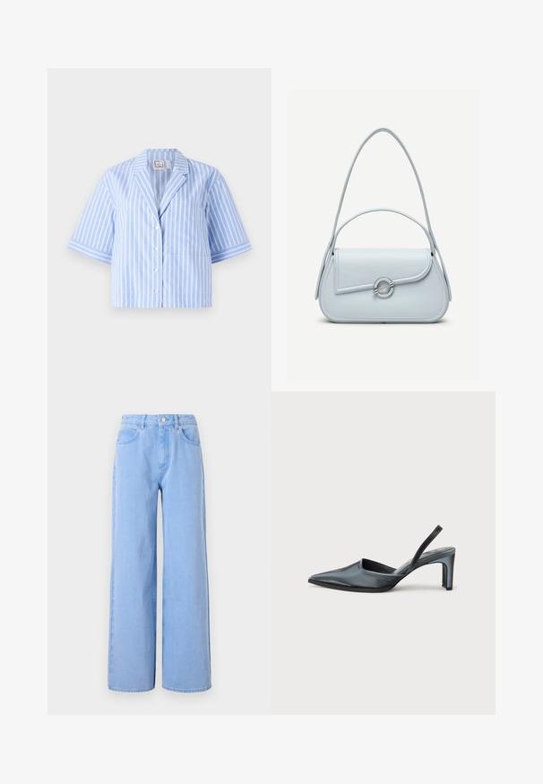Blauwe en witte gestreepte short-sleeve blouse met een kraag, knopen aan de voorkant, een enkele zak en contrasterende strepen op de mouwen.; Lichtblauwe wijde denim jeans. Heeft een aangesloten taille met riemlussen en voorzakken, stiksel details en een schone zoom.; Zwarte slingback hak met een puntige neus, een gladde satijnen afwerking en een slanke hak van 7,5 cm. Open zijkantontwerp met minimale stikdetails.; Lichtblauwe leren handtas met een afgeronde klep, zilveren ronde sluiting en twee schouderbanden tegen een effen achtergrond.