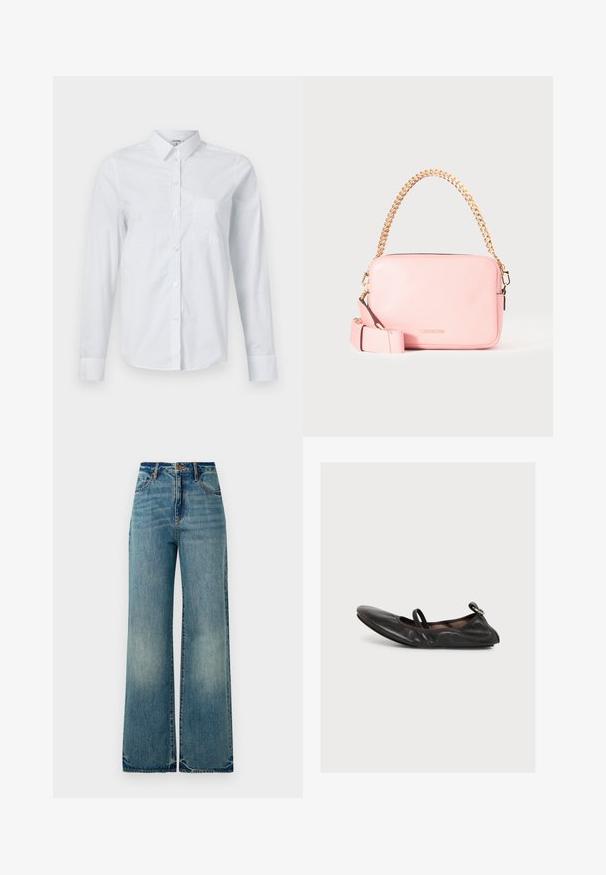 Hvid langærmet skjorte lavet af bomuld, med krave, knaplukning foran og en enkelt brystlomme. Glat tekstur. Ingen mønstre.; Lysblå denim vidbenede jeans har en høj talje, fem lommer og let rippede kanter, der viser en tekstureret, falmet finish.; Sort læder flad sko med rund tå, elastisk strop over toppen og lille spænde detalje på hælen, vist i sidevisning på hvid baggrund.; Pink læderrektangulær crossbody-taske med guldkædehåndtag og justerbar stofrem, lille gyldent logo foran.
