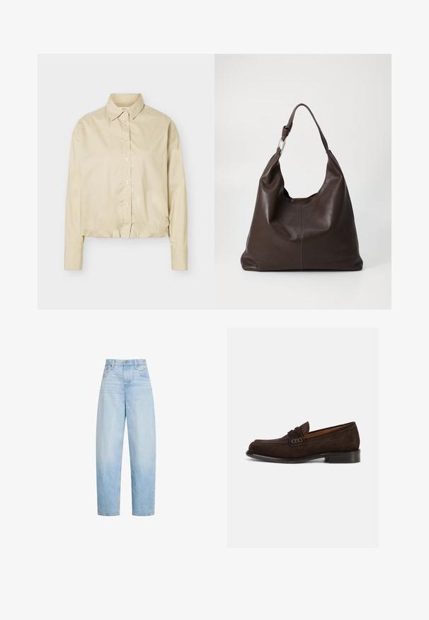 Chemise beige à manches longues avec boutons, col pointu et ourlet élastiqué, présentée à plat sur un fond clair.; Jean bleu clair taille haute à jambes droites avec poches avant, passants de ceinture et fermeture par bouton.; Mocassin en daim marron avec un bout rond, une couture décorative et un petit talon noir. Intérieur lisse pour le confort.; Zign by Zalando LEATHER - Cabas - chocolate brown