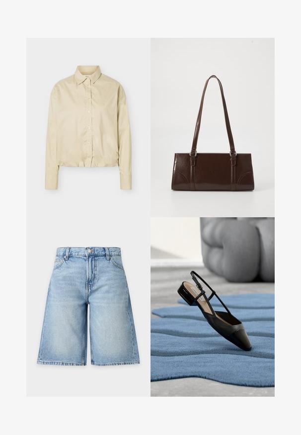 Beige langærmet skjorte med knapper, spids krave og elastisk kant, vist fladt på en lys baggrund.; Lyseblå denimshorts med forreste knap og lynlås, bæltestropper og sidelommer, vist på en ensfarvet baggrund.; Sort laklædersko med slingback og lav blokhæl, hvilende på et tekstureret blåt bølgemønster tæppe og gråt polstret møbel.; Brun lakeret håndtaske med rektangulær form, to lange håndtag og subtile buede detaljer på fronten.