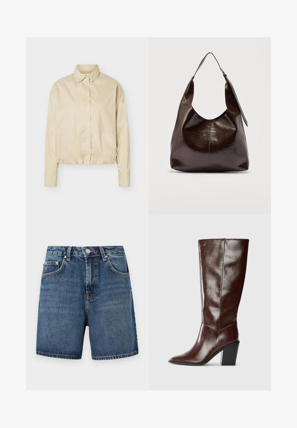 Beige langærmet skjorte med knapper, spids krave og elastisk kant, vist fladt på en lys baggrund.; Denimblå shorts med forreste knap, lynlås, bæltestropper og fem-lomme-design i klassisk jeansstil.; Høj, mørkebrun læderstøvle med spids tå og stablet blokhæl, vist fra siden på en ensfarvet baggrund.; Mørkebrunt, skinnende læder skuldertaske med en enkelt bred rem og spændedetalje på den ene side, sat mod en ensartet lys baggrund.