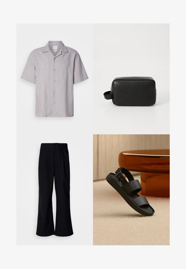 Chemise à manches courtes, gris clair, boutonnée, en lin. Dotée d'un col pointu et d'une texture subtile avec six boutons sur le devant.; Pantalons larges noirs en coton avec un pli à l'avant, présentant une fermeture à bouton et des passants de ceinture, texture lisse et sans motifs visibles.; Sandale noire avec double brides et une boucle sur un tapis beige, à côté d'une table ronde de couleur ambre dans une pièce aux tons neutres.; Trousse de toilette en cuir noir, de forme rectangulaire, avec une surface texturée, une fermeture éclair et une poignée latérale ornée d'un logo.