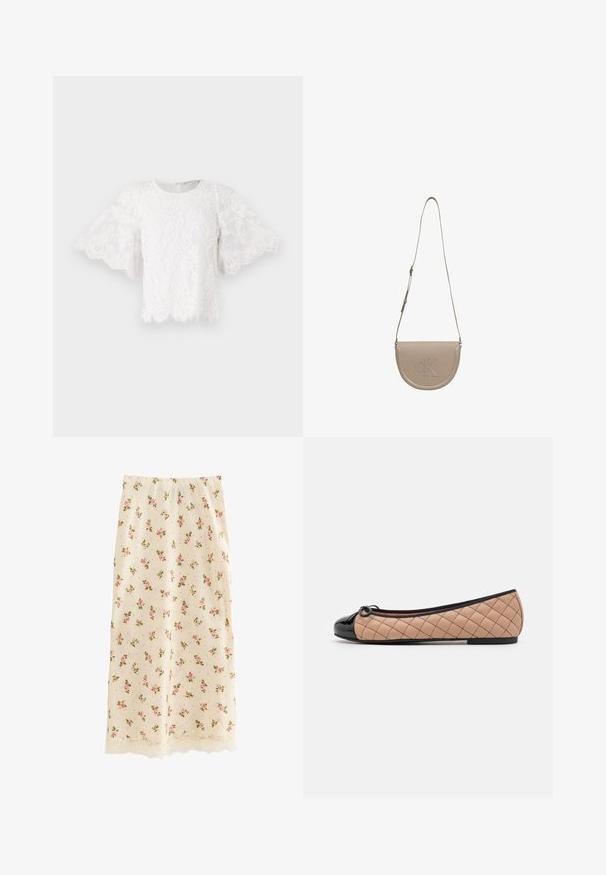 Hvid blondebluse med korte, udvidede ærmer, rund halsudskæring og bølget kant. Der er delikate blomster mønstre synlige på stoffet.; Middellang nederdel i cremefarve med mønster af pink roser og blonder langs kanten, lige pasform og glat tekstur.; Pretty Ballerinas Ballerinasko - black/beige; Beige læder crossover-taske med en buet form, med en forhøjet "CK"-logo, justerbar rem og glat tekstur.