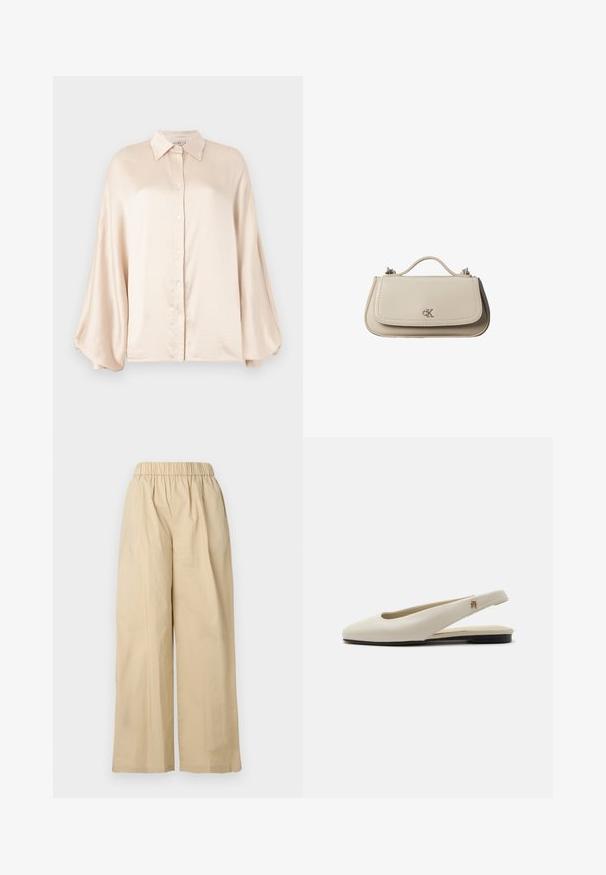 TWINSET WOVEN SHIRT - Nööpidega pluus - parchment; Beežid laiapõhjalised püksid elastse vöökohaga, tasase esipaneeli ja siledapinnalise kangaga. Mugavuse tagamiseks on neil lahtine lõige.; Kreemikas nahast slingback-tasapinnaline king, millel on ümar ninaosa ja väike kuldne embleem rihmal.; Väike beež nahast käekott ülemise sangaga ja hõbedase CK logoga esiklapil, valgel taustal.