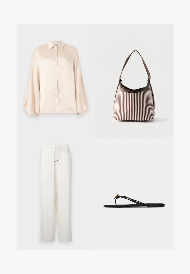 TWINSET WOVEN SHIRT - Blúzka so zapínaním na gombíky - parchment; Biele, ľahké, voľné nohavice s elastickým pásom a šnúrkou. Majú jemný lesk a rovný strih.; Čierna plochá žabková sandála s viacerými tenkými remienkami a malou zlatou dekoráciou v tvare kvapky na prednom remienku.; Hnedo-biela vertikálne pruhovaná kabelka s jedným ramenným popruhom a viditeľným zipsom na hornom otvorení.