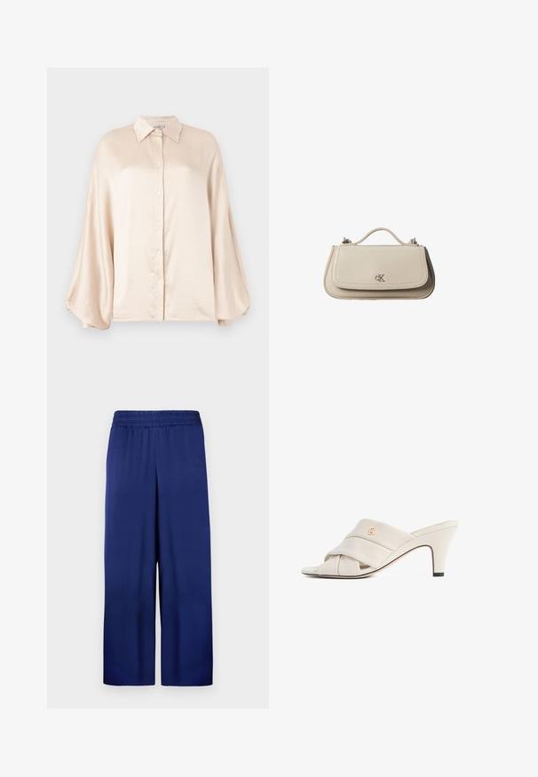 TWINSET WOVEN SHIRT - Skjortebluser - parchment; Marineblå buks med bred ben, med elastisk talje, lavet af glat stof, der har et enkelt og funktionelt design uden synlige mønstre.; Beige højhælede mules med et snoet læderstropdesign, åben tå og præget logoaccent. Hælen har en sort spidsdetalje.; Lille beige læderhåndtaske med top håndtag og sølv CK-logo på frontklap, vist mod en hvid baggrund.