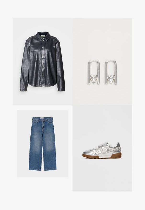 Chemise métallique sombre en tissu lisse, dotée d'une fermeture à boutons, d'un col classique et de manches longues avec une coupe décontractée.; Jean en denim bleu à jambes larges avec poches avant et ceinture nouée, présentant des zones légèrement décolorées sur les cuisses.; Sneaker métallique argenté avec un logo "C" blanc, des lacets blancs et une semelle en caoutchouc marron, présenté sur le côté sur un fond clair uni.; Boucles d'oreilles en métal argenté présentant une forme en U avec un accent en forme de cœur à la base, une texture lisse et une finition polie.
