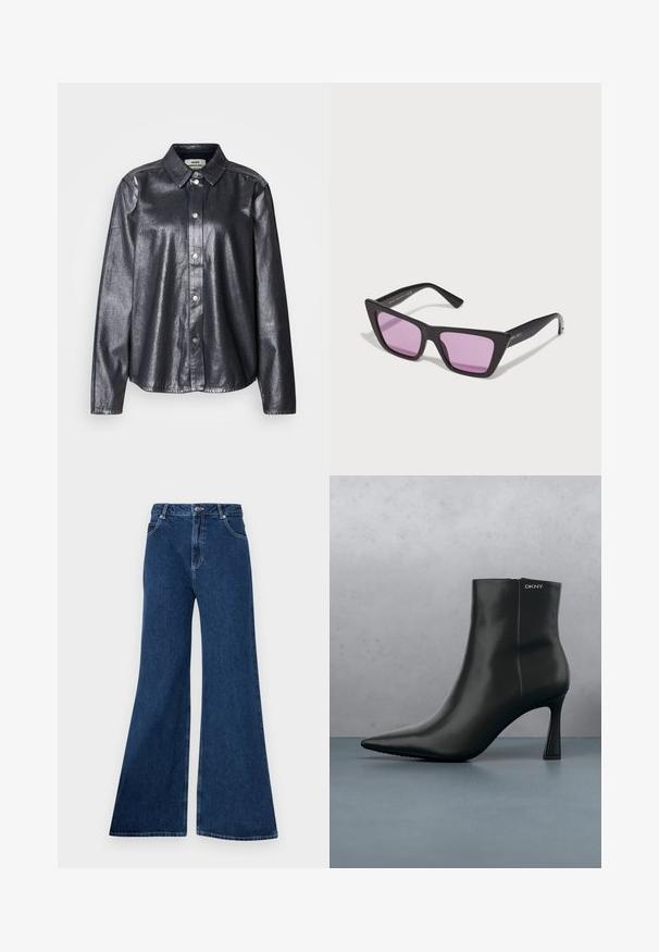 Mørk metallisk skjorte lavet af glat stof, med knaplukning foran, klassisk krave og lange ærmer med en afslappet pasform.; Bredde jeans lavet af denim, med høj talje, fem-lomme design, kontraststikninger og lynlås med knaplukning.; Sort læder ankelstøvle med spids tå og geometrisk hæl. Har subtil branding og en glat overflade. Baggrunden består af strukturerede fliser.; Sorte rektangulære solbriller med kantede stel, der har rosa tonede linser. Inkluderer branding på stængerne og en poleret overflade.