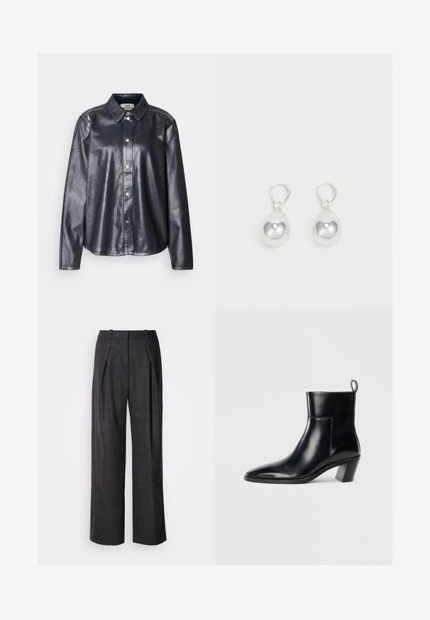 Camisa metálica oscura de tela suave, con un frente abotonado, cuello clásico y mangas largas con un corte relajado.; Pantalones de pierna ancha gris oscuro con una tela texturizada, que presentan pliegues frontales y un diseño de cinturilla clásico. Sin bolsillos visibles.; Botín de piel negra hasta el tobillo con punta afilada, tacón apilado geométrico y una lengüeta en la parte posterior. Textura suave y diseño elegante.; Pendientes de plata en forma de gota con superficies redondas y reflectantes colgando de cierres de palanca. El fondo es blanco liso.
