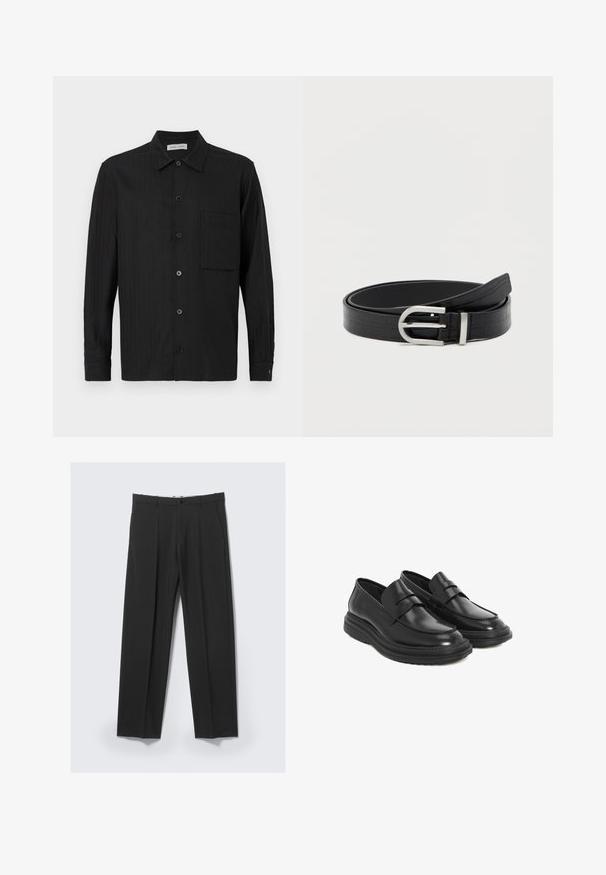 Schwarzes Langarm-Hemd mit Knopfleiste und vertikalen Nadelstreifen, Brusttasche auf der linken Seite und klassischem Kragen.; Schwarze, maßgeschneiderte Hose mit vorderen Falten, Seitentaschen, Gürtelschlaufen und Knopfverschluss am Bund vor hellem Hintergrund.; Schwarze Lederloafer mit runder Spitze, gesteppten Details und einer Plattform aus Gummi. Verfügt über einen dekorativen Riemen über dem Vorderblatt.; Schwarzer Kunstledergürtel mit Krokodilstruktur und einer silbernen runden Schnalle, aufgewickelt auf einem schlichten weißen Hintergrund.