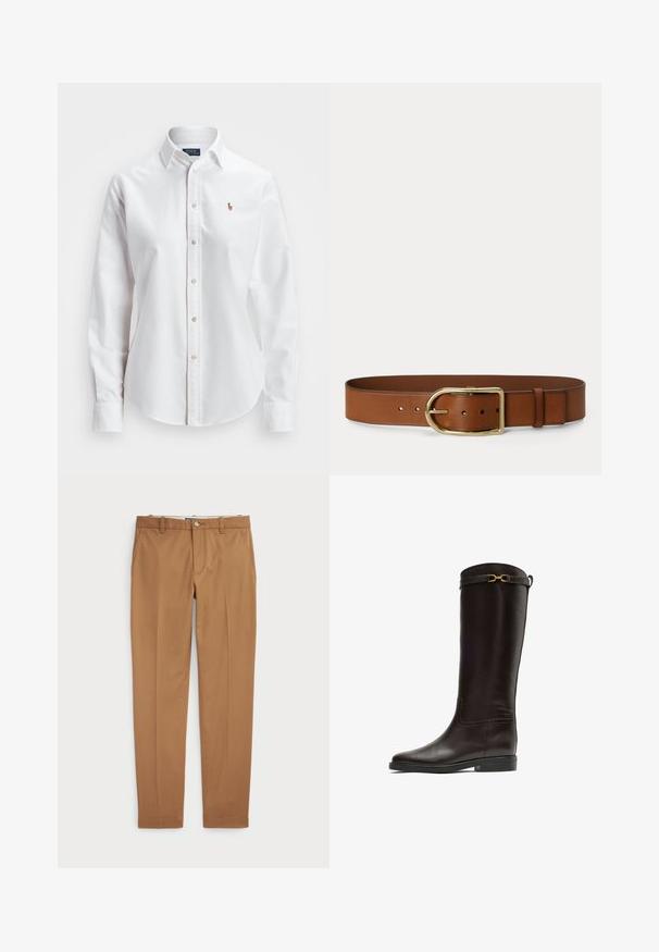 Witte, lange mouwen, button-up overhemd van katoen, met een klassieke kraag en een klein geborduurd logo op de borst.; Bruine katoenen broeken met een slim-fit ontwerp, vlakke voorkant en standaardzakken; gladde textuur en afgewerkte manchetten.; Hoge donkerbruine leren rijlaars met lage hak en gouden decoratieve gesp vlak bij de bovenrand.; Bruine leren riem met grote gouden ovale gesp en meerdere verstelgaten, weergegeven op een effen achtergrond.
