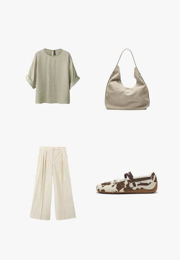Blouse en lin vert clair avec un col rond, des manches courtes retroussées et une ouverture au dos fermée par un bouton. Tissu doux et texturé.; Pantalon taille haute à jambes larges avec des rayures verticales vertes sur tissu crème, présentant des plis à l'avant et une ceinture avec passants.; Chaussures plates à motif vache, avec un dessus texturé marron et crème, des sangles élastiques et une semelle en caoutchouc au design flexible.; Grand sac hobo en daim beige doux avec une large bandoulière unique et une forme souple et déstructurée, posé sur un fond blanc.