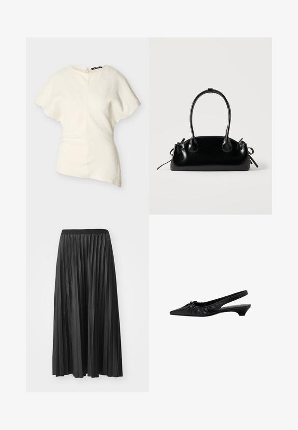 Asymmetrische offwhite blouse met korte mouwen, textuurstof en een zijritssluiting.; Zwarte geplisseerde maxi rok met een gladde textuur en een elastische tailleband, met verticale plooien die volume en beweging creëren.; Zwarte leren slingback schoen met een spitse neus, geplooide details en een lage hak. Gladde textuur en minimalistisch ontwerp.; Kleine zwarte glanzende handtas met twee lange hengsels en zijkant trekkoord details op een effen lichte achtergrond.