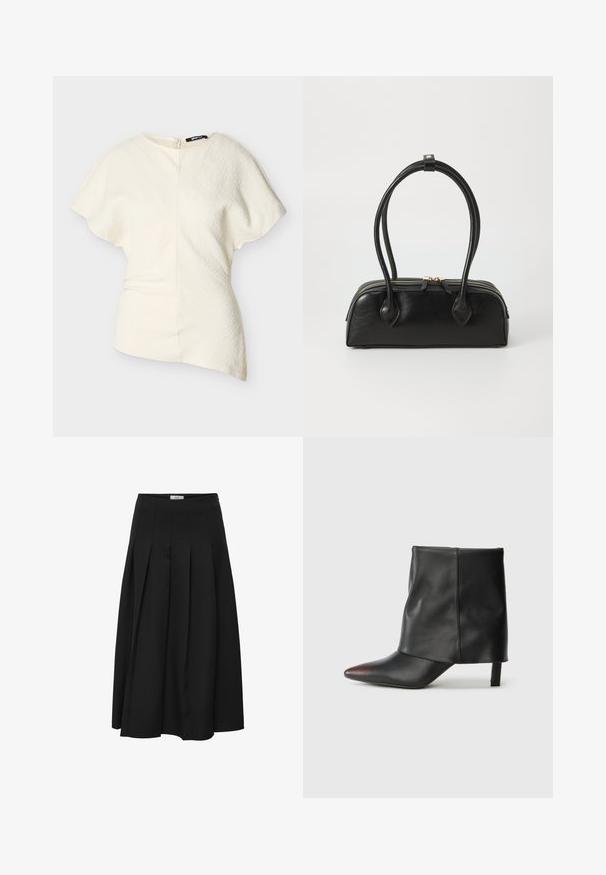 Blusa asimétrica de manga corta en color blanco roto con tela texturizada y cierre lateral con cremallera.; Falda midi plisada negra hecha de una tela suave. Presenta una cintura alta y una silueta fluida con pliegues bien cosidos.; Botín negro de piel lisa con punta afilada y tacón cónico. La parte superior presenta un diseño ligeramente fruncido.; Bolso de mano de cuero negro con dos asas alargadas, cierre de cremallera y forma redondeada; textura suave con un acabado ligeramente brillante.