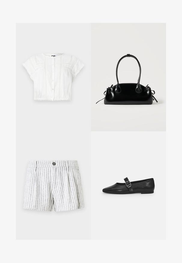 Blusa corta blanca hecha de una tela ligera. Presenta mangas cortas, botones en el frente, detalles de pliegues y acentos de encaje en los hombros y el dobladillo.; Pantalones cortos a rayas en gris claro y blanco, con cierre de botón, pliegues en la parte frontal y una tela suave y texturizada.; Zapato plano de cuero negro con punta redondeada, una sola correa ajustable con hebilla y una textura suave y brillante. Diseño minimalista con un tacón bajo.; Pequeño bolso negro brillante con dos asas largas y detalles de cordón lateral sobre un fondo claro liso.
