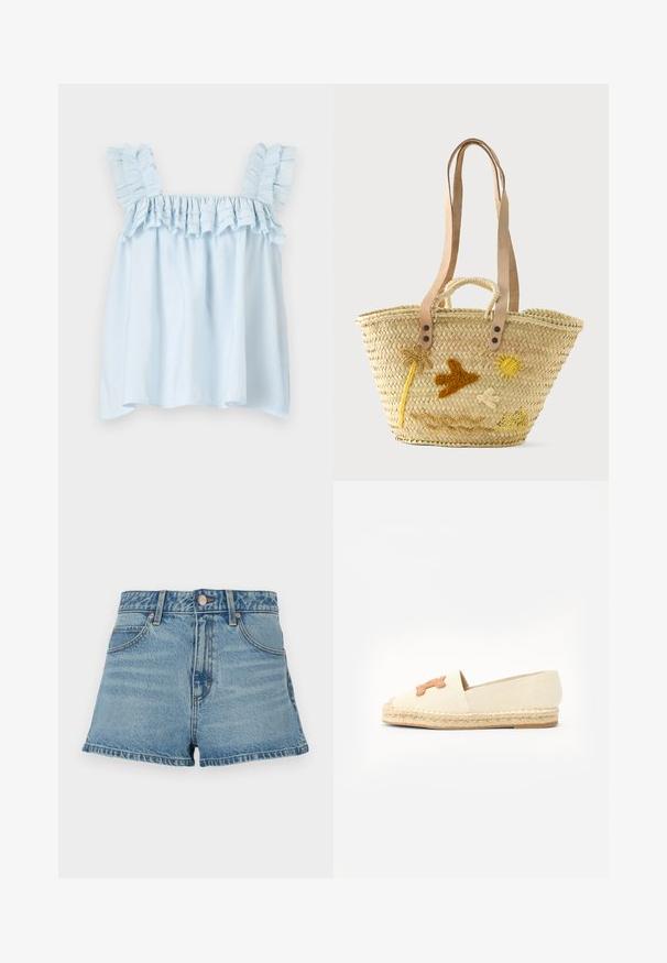 Haut sans manches bleu clair avec des bretelles froncées et un col froncé. Fabriqué en tissu léger, il présente des textures douces et une coupe ample.; Shorts en denim bleu clair avec taille haute, ourlet effiloché, surpiqûres contrastantes et poches avant. Comprend un bouton en métal et une étiquette de marque.; Espadrille beige avec une tige en tissu et une semelle en jute tissée. Présente un accent décoratif en cuir tan à l'avant. Design simple et plat.; Sac cabas en paille tressée avec des bretelles en cuir fauve, de petites poignées et des motifs brodés de palmier, oiseau, soleil, nuage et colline sablonneuse sur le devant.