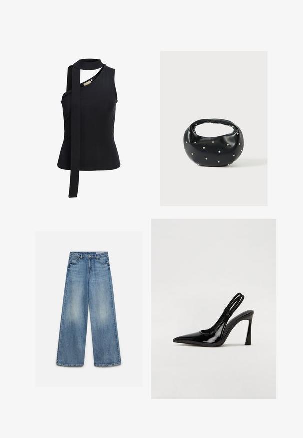 Haut asymétrique noir sans manches avec une bretelle unique et une longue écharpe attachée tombant sur le devant.; Jean en denim bleu à jambes larges avec un effet délavé à l'avant, bouton avant, fermeture éclair et poches avant avec passants de ceinture.; Escarpin en cuir verni noir à talon aiguille, à bout pointu, avec une sangle élastique double pour un maintien sécurisé. Surface lisse et brillante.; Sac à main en cuir noir de forme arrondie, décoré de clous argentés et équipé d'une poignée courte. Texture lisse et fermeture éclair.