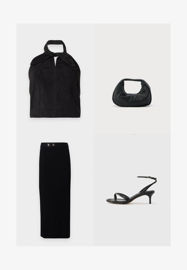 Sort suedes skuldertaske med bred rem bundet i en knude på toppen, som har en blød, slasket struktur og glat finish.; AERON FORUM - Pencil skirt - black; Sort damesandal i læder med tynde remme, en tå-loop, ankelspænde og en mellemhøj stiletthæl på en neutral baggrund.; Sort flettet hobo-taske med blød struktur og integreret håndtag, vist på en ensfarvet lys baggrund.
