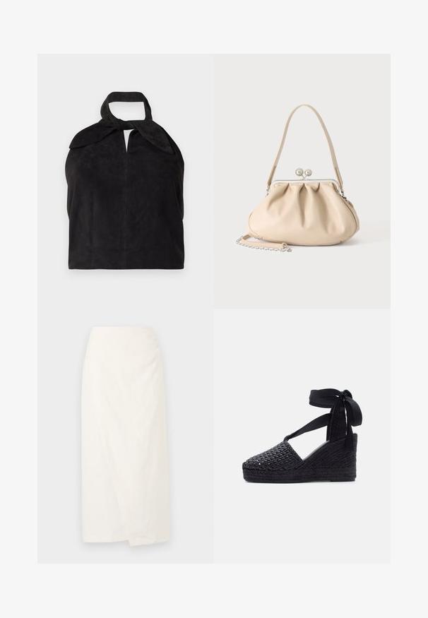 Zwarte suede tote bag met een brede strap die bovenaan in een knoop is geknoopt, met een zachte, slappe structuur en een gladde afwerking.; Witte knie-lange rok van lichtgewicht stof, met een wrapsdesign en een zachte, gestructureerde oppervlakte. Eenvoudige, strakke lijnen zonder versieringen.; Zwarte sleehak sandaal met geweven structuur, gesloten neus en sierlint om de enkel op een lichte achtergrond.; Beige zachte leren handtas met een zilveren metalen frame sluiting, een enkele schouderriem en een optionele kettingriem op een witte achtergrond.