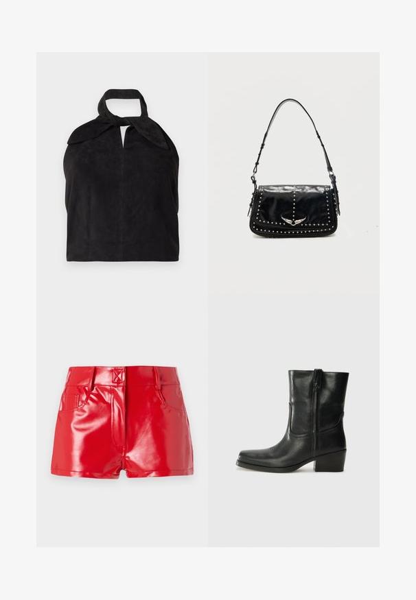 Sort suedes skuldertaske med bred rem bundet i en knude på toppen, som har en blød, slasket struktur og glat finish.; Røde faux læder shorts med en blank finish, der har høj talje, forlommer og syningsdetaljer. Struktureret, tætsiddende design.; Sort læder ankelstøvle med rundt tå, blokhæl, lynlås i siden og stikninger på vampsiden. Glat tekstur, klassisk design.; Sort læder skuldertaske med sølvlignende nitter og vingeformet metalemblem på frontklappen mod en ensfarvet baggrund.