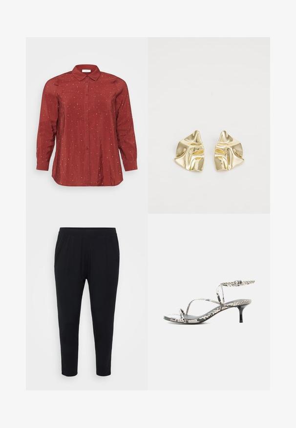 Camisa roja de manga larga en una tela ligera y suave, con cuello abotonado, dos bolsillos delanteros y adornos de puntos plateados.; Pantalones negros de corte relajado, con cinturilla elástica y suaves pliegues. Confeccionados en una tela suave, con piernas ajustadas y sin bolsillos.; Sandalia de tacón alto con tiras, patrón de piel de serpiente, tiras delgadas, hebilla en el tobillo y tacón negro delgado sobre fondo blanco.; Pendientes metálicos dorados con un diseño ondulado; superficie lisa y reflectante; forma asimétrica; sin patrones o elementos visibles.