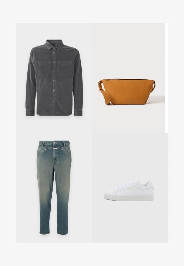 Donkergrijze corduroy overhemd met lange mouwen en een kraag, drukknoopjes aan de voorkant en twee borstzakken met kleppen.; Denim jeans in vervaagde blauwe kleur, rechte pasvorm met een hoge taille. Bevat riemlussen, vijf zakken en een metalen knoopsluiting. Licht versleten textuur.; Witte leren lage sneakers met een ronde neus, platte veters, een gestructureerde zool en subtiele gouden branding aan de zijkant. Gladde oppervlakte en minimalistisch ontwerp.; Lichtbruine leren crossbodytas met verstelbare band en ritssluiting, getoond tegen een effen lichte achtergrond.
