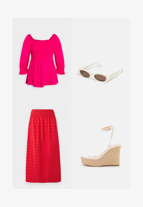 Marks & Spencer WAISTED - Blúzka - fuchsia; Červená midi sukňa s naškrobeným pásom, vyrobená z ľahkej látky s jemným károvaným vzorom a hladkou textúrou.; Biele wedge sandále s textúrovanou rope platformou, s tenkým pásikom okolo členka a hladkým, uzavretým dizajnom špičky.; Slnečné okuliare krémovej farby s oválnymi šošovkami, hnedo tónovanými, s lesklým povrchom a jemným brandingom "Vogue" na boku.