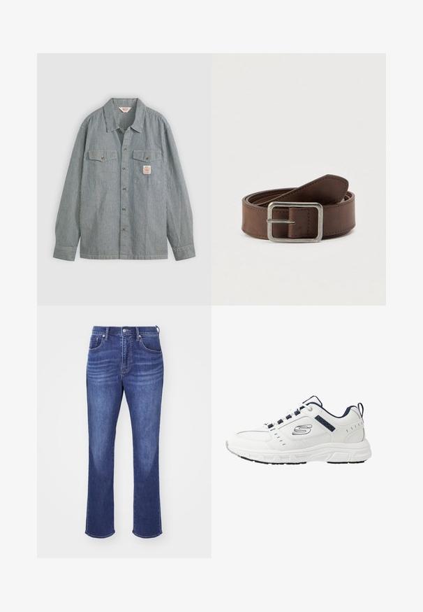 Stribet skjorte i blå og hvid, med krave, to brystlommer og et lille mærke. Lavet af letvægtsstof.; Blå denim jeans med lige ben, der har et fem-lommer design, kobbernitter og subtil blegning på lårene for tekstur.; Hvide atletiske sneakers med marineblå accenter, der har en tekstureret overdel, snørelukning, polstret krave og en holdbar gummisål.; Brunt læderbælte med en sølvfarvet rektangulær spænde, der har en glat tekstur og synede kanter, designet til afslappet eller formelt brug.