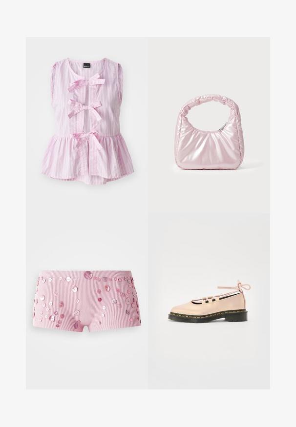 Gestreiftes ärmelloses Top in Rosa und Weiß mit einem Peplum-Saum, das drei vordere Schleifen und einen abgerundeten Ausschnitt aufweist. Leichter Stoff.; Rosa gerippte Shorts, geschmückt mit verschiedenen Größen von glänzenden rosa Knöpfen, die über den Stoff verteilt sind.; Helle rosa Leder-Schuh mit runder Zehenpartie, Schnürdetails und einer schwarzen Plattformsohle, die mit gelben Nähten akzentuiert ist.; Rosa, gepolsterte Handtasche mit abgerundeter Form, aus glänzendem Material gefertigt. Verfügt über einen gerafften Griff und einen Reißverschluss für sicheren Zugang.