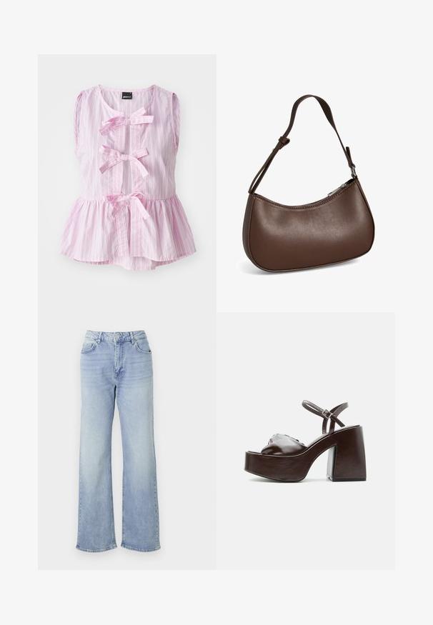 Roze en witte gestreepte mouwloze top met een peplum zoom, voorzien van drie frontboventjes en een ronde halslijn. Lichtgewicht stof.; Lichtblauwe wijde jeans van denim, met een hoge taille, vijf zakken en een zoom met subtiele slijtage.; Donkerbruine leren platformsandaal met een stevige blokhak, open teen en verstelbare enkelriem met metalen gesp.; Kleine bruine leren schoudertas met verstelbare band en ritssluiting, getoond tegen een witte achtergrond. Geen zichtbaar merk of versieringen.