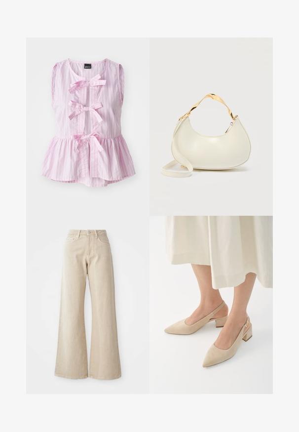 Top sin mangas a rayas rosas y blancas con un dobladillo de peplum, que presenta tres lazos frontales y un escote redondeado. Tejido ligero.; Jeans de mezclilla anchos en color beige, con una cintura alta, bolsillos frontales y un diseño liso sin patrones ni acentos.; Salones de ante beige con tiras al talón, punta afilada y tacón cuadrado. El diseño presenta un corte en los laterales y un acento en hebilla dorada.; Bolso en forma de media luna de color crema con asa corta brillante dorada y correa larga a juego sobre un fondo liso y claro.