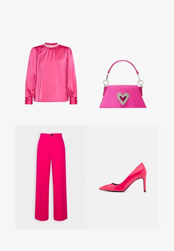 Lyserød satin bluse med lange ærmer, høj krave og juvelbesat krave. Har puffede ærmer og knaplukninger ved manchetterne med perle-lignende accenter.; Fuchsia brede bukser med høj talje, frontfald og en enkelt sort knaplukning. Glat tekstur og skræddersyet design.; Lyst rød patentlæder højhælet pumpe med spids tå og slank silhuet, der har en tynd stilethæl og sort inderside.; Lyserød lædertaske med en trekantet form, der har en rhinsten-hjerte detalje på fronten og et slankt håndtag med hjerteformede metalbeslag.