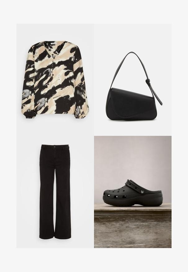 Langærmet bluse i sort, beige og hvid abstrakt mønster. Har en V-udskæring og knapdetaljer foran. Blødt stof.; American Eagle BAGGY WIDE LEG - Wide leg - black wash; Sort gummiklæde med ventilationshuller, hævet hæl, rygrem og tekstureret sål. Glat overflade med et minimalistisk design.; Sort læderhåndtaske med en triangular form, skrå klap og et rundt håndtag. Har en glat overflade og minimalistiske design detaljer.