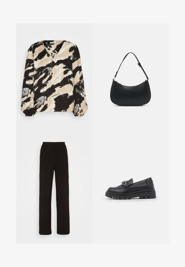 Blusa de mangas largas en un patrón abstracto de negro, beige y blanco. Presenta un escote en V y detalles de botones en el frontal. Textura de tela suave.; Vero Moda VMLISCOOKIE WIDE SOLID PANT - Pantalones - black; Zapato estilo mocasín negro con suela de plataforma gruesa, parte superior de cuero liso, detalle decorativo de cadena y un ligero tacón con detalle muescado.; Pieces PCALUANA SHOULDER BAG - Bolso de mano - black