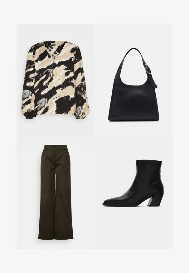Langsleeve blouse in zwart, beige en wit abstract patroon. Beschikt over een V-halslijn en knoopdetails langs de voorkant. Zachte stoftextuur.; Heathe RIRE TROUSERS - Broek - green; Zwarte leren enkelboot met een spitse neus, een slanke silhoeet en een chunky vierkante hak. Gladde textuur met minimale stikdetails.; Zwarte leren tote bag met een gladde textuur, ronde vorm en een enkele schouderband met een ronde gouden hardware accent.