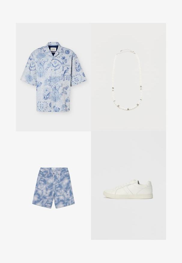 Kurzärmeliges Hemd mit Knopfleiste, hellblauen floralen und abstrakten Mustern und einer Brusttasche, entworfen von Scotch & Soda.; Hellblaue Jeansshorts mit Wolkenmuster. Aus Baumwolle gefertigt, verfügen sie über ein klassisches Fünf-Taschen-Design und einen Knopfverschluss.; Niedrig geschnittenen weißen Ledersneaker mit Schnürverschluss und flacher Gummisohle, von der Innenseite auf einem schlichten Hintergrund betrachtet.; Weiße Perlenkette mit silbernen Strasszwischenstücken und einem silbernen Kettenverschluss, präsentiert vor einem einfachen hellen Hintergrund.
