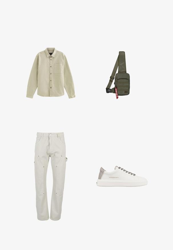 Beige langærmet skjorte med knapper, krave og brystlomme, lavet af glat stof, vist fladt på en hvid baggrund.; Lyse beige cargobukser lavet af holdbart bomuld. Har flere lommer, trykknapper og et design med lige ben.; Hvide lædersneakers med en struktureret grå hælkappe, grå snørebånd og præget logo. Har en kraftig hvid sål og stikningsdetaljer.; Olivengrøn skuldertaske med en tekstureret stofoverflade, en lynlåslomme foran og et rødt mærke med logo. Justerbar rem for komfort.